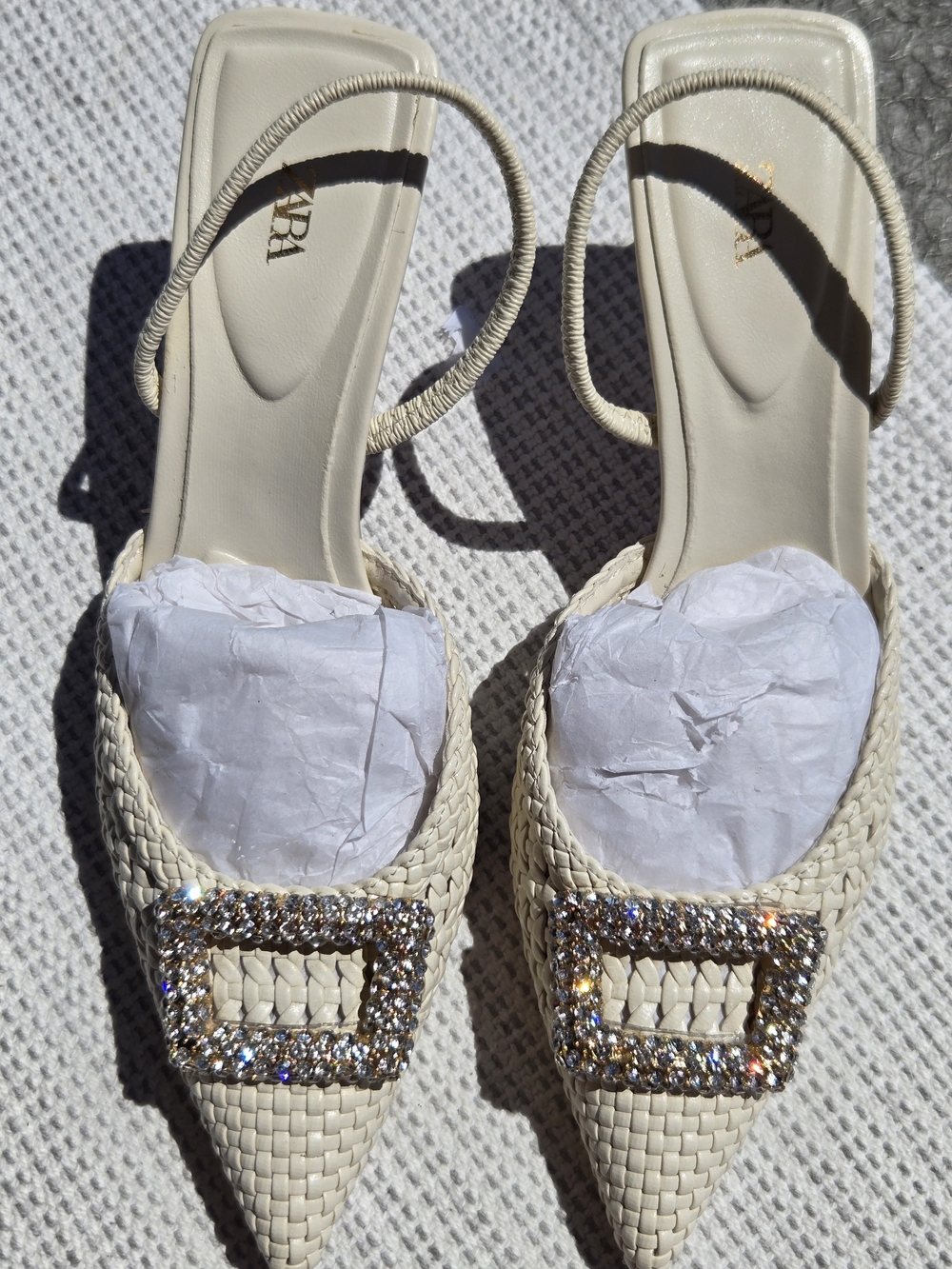 Zara Cream Woven Slingback Heels with Crystal Buckle 8